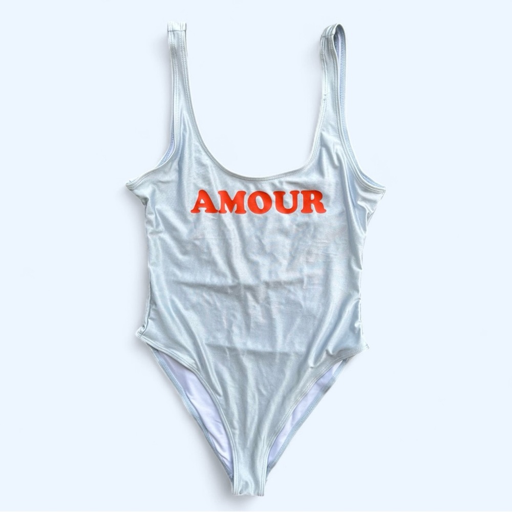 Forever 21 Amour Shimmer High Leg One Piece Swimsuit Blue/Orange Low Scoop Back